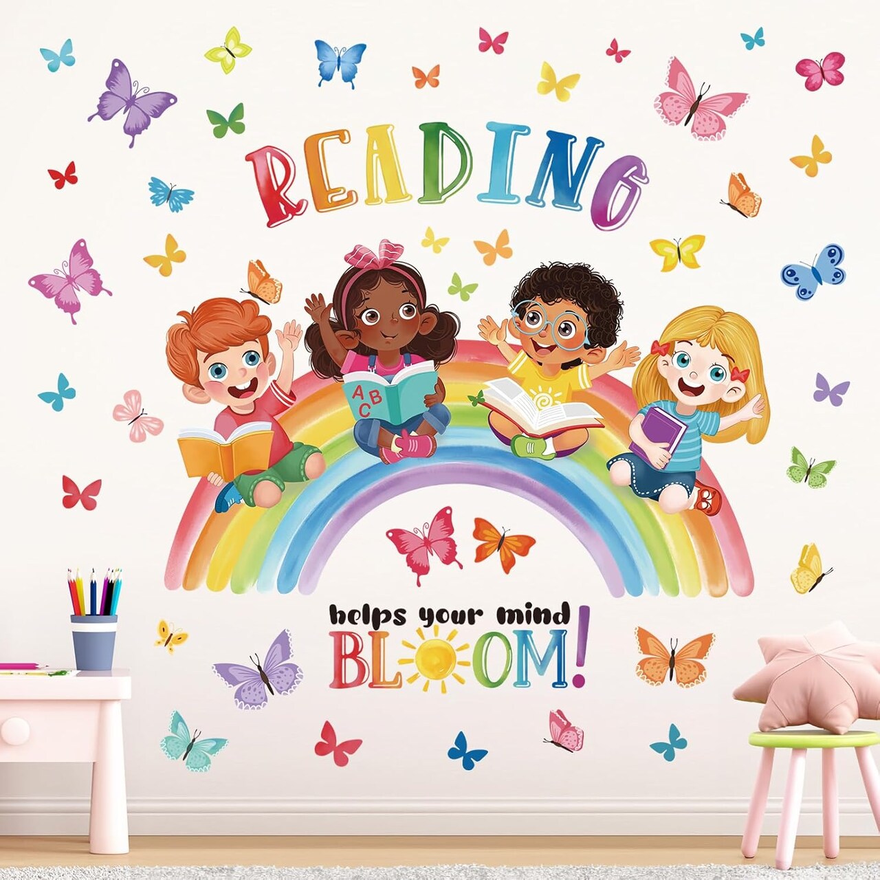 Reading Corner Rainbow Wall Decals Butterflies Kids Inspirational Quotes (Multi)